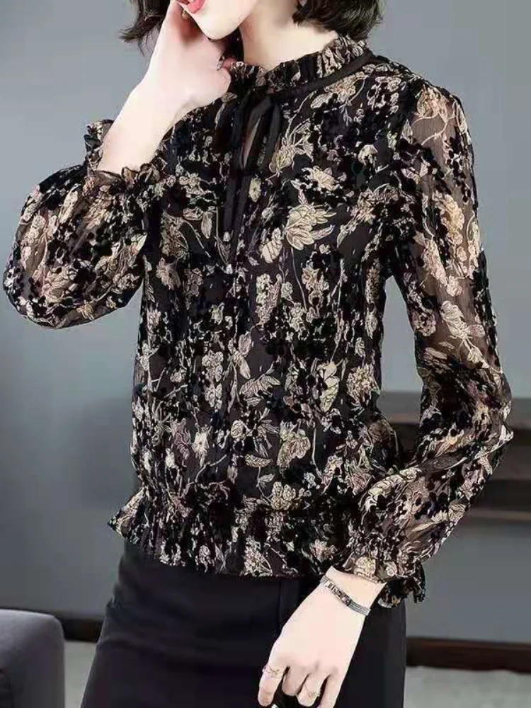

Цветочная шифоновая женская блузка 2021, летняя новинка, с оборками, рукавами-фонариками, с бантом на шее, Офисная женская элегантная верхняя ...