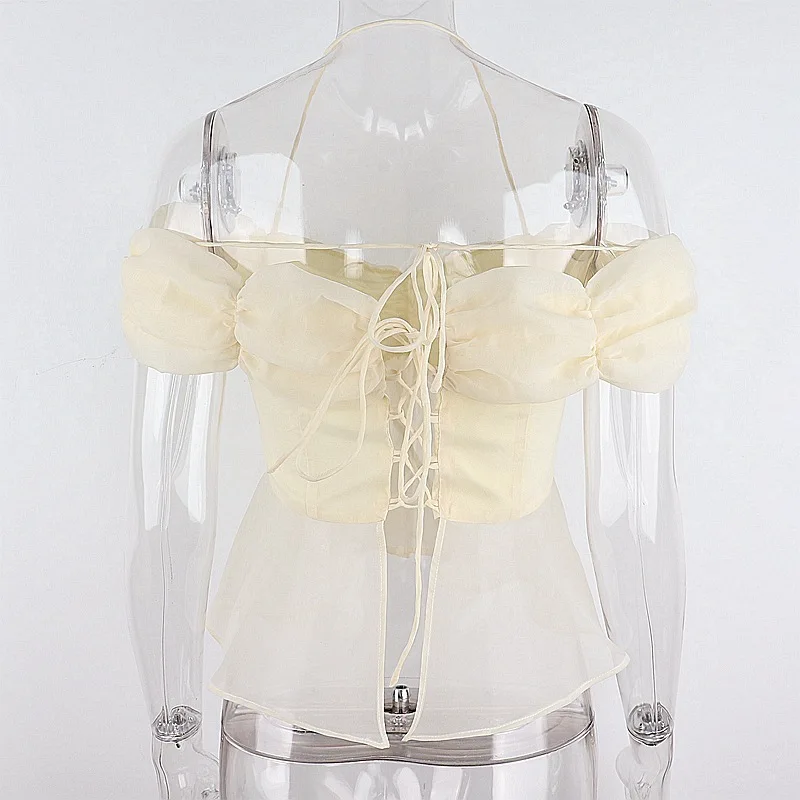 

Fashion Bow Knot Plie Sleeves Hanging Neck Stitching Mesh Back Hollow Tether T-shirts Sweet Aesthetics Summer Clothes for Women