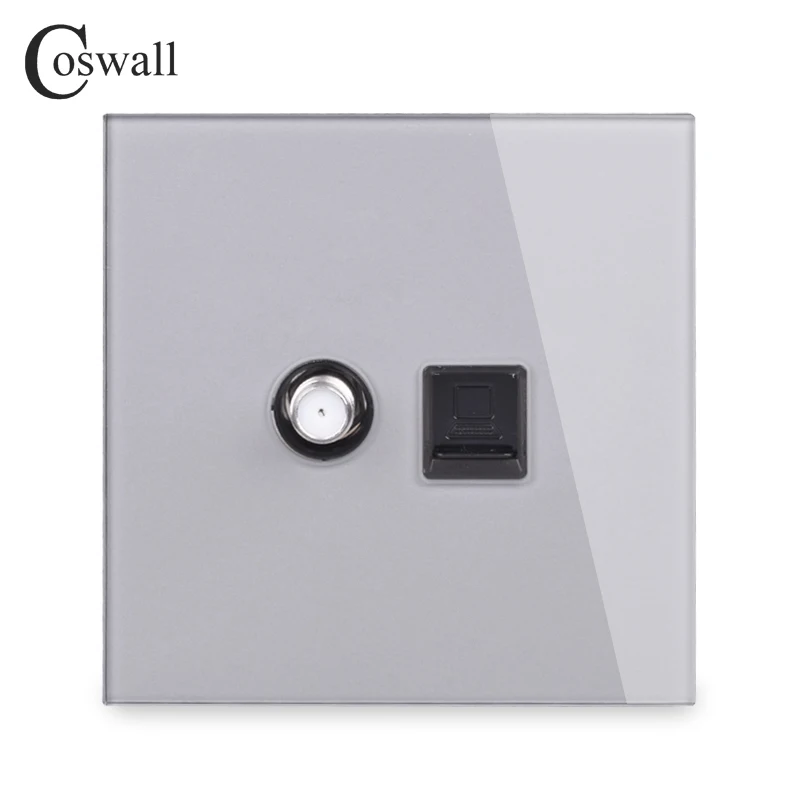 Grey COSWALL Кристалл стекло панель настенная розетка спутниковый разъем+ RJ45 CAT5E данных компьютер Интернет-разъем R11 серии серый цвет - Тип: Grey