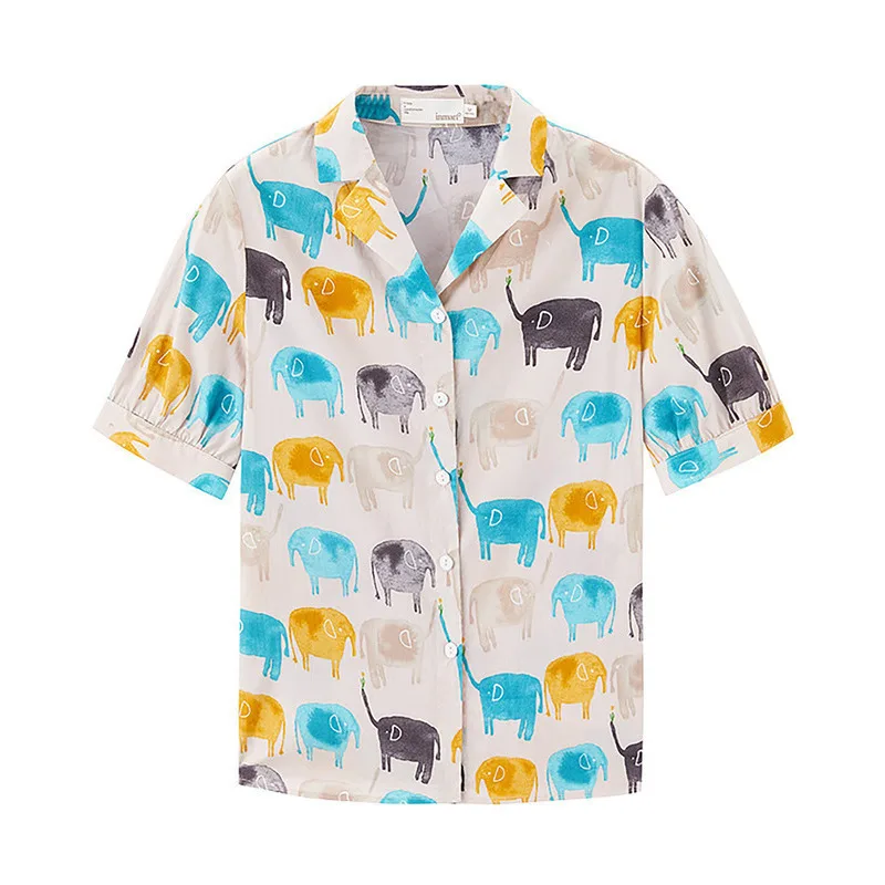 Повседневная модная блузка с коротким рукавом из чистого хлопка принтом слона