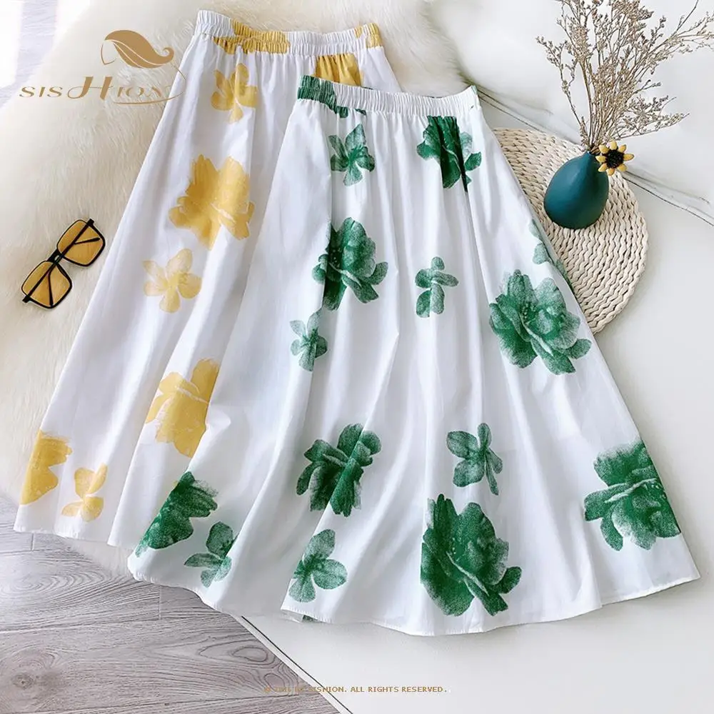

SISHION Korean Fashion Flare A Line Floral Skirt VD2011 Jupe Femme White High Waist Y2K Long Skirt Falda