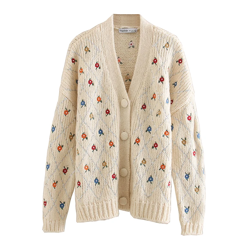 Elina V Neck Sweaters Women Fashion Embroidery Single Breasted Sweater Elegant Long Sleeve Female Ladies LAD |