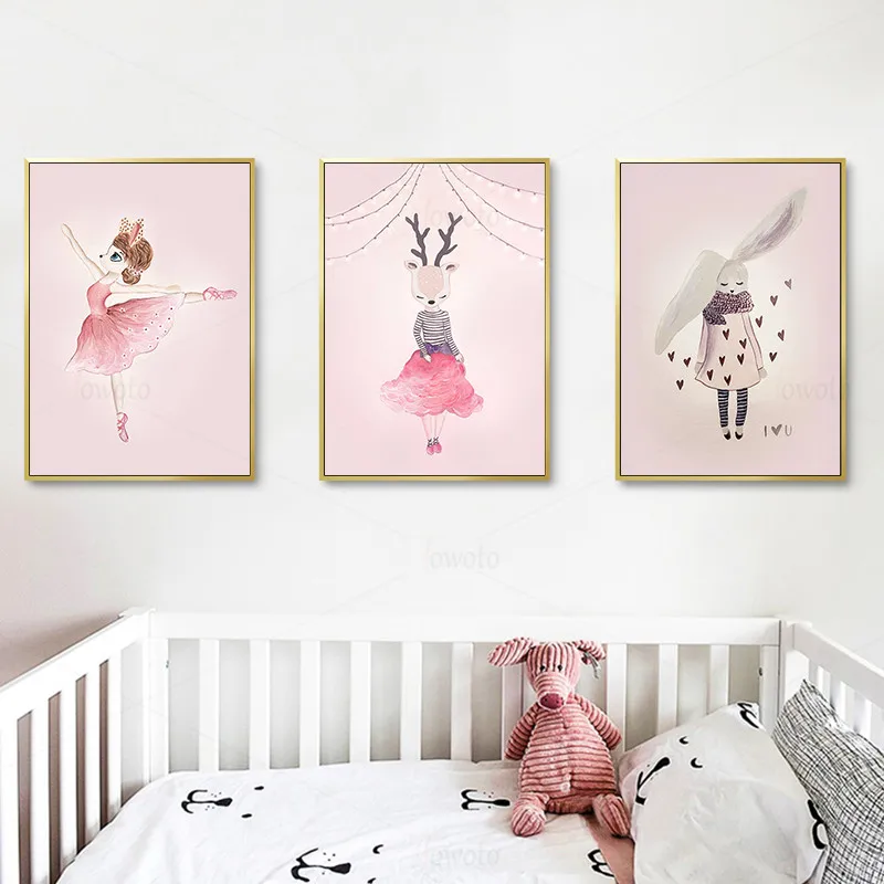 Розовый детский настенный художественный постер с кроликом и оленем для девочек