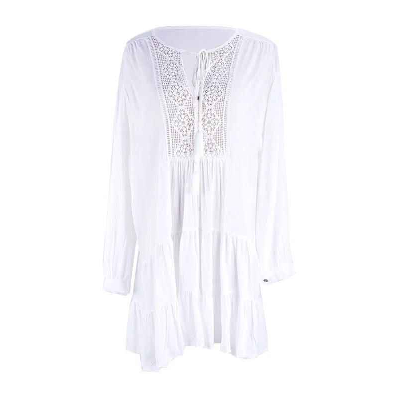 

New Style Rayon Lace Layered Long Sleeve Smock Beach Sunscreen Women's Loose Bikini Smock