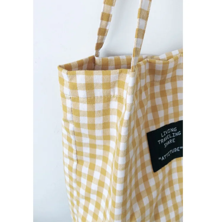 

Fashion Durable Women Student Cotton Linen Single Shoulder Bag Shopping Tote Check Plaid Female Flax Canvas Shopping Bags