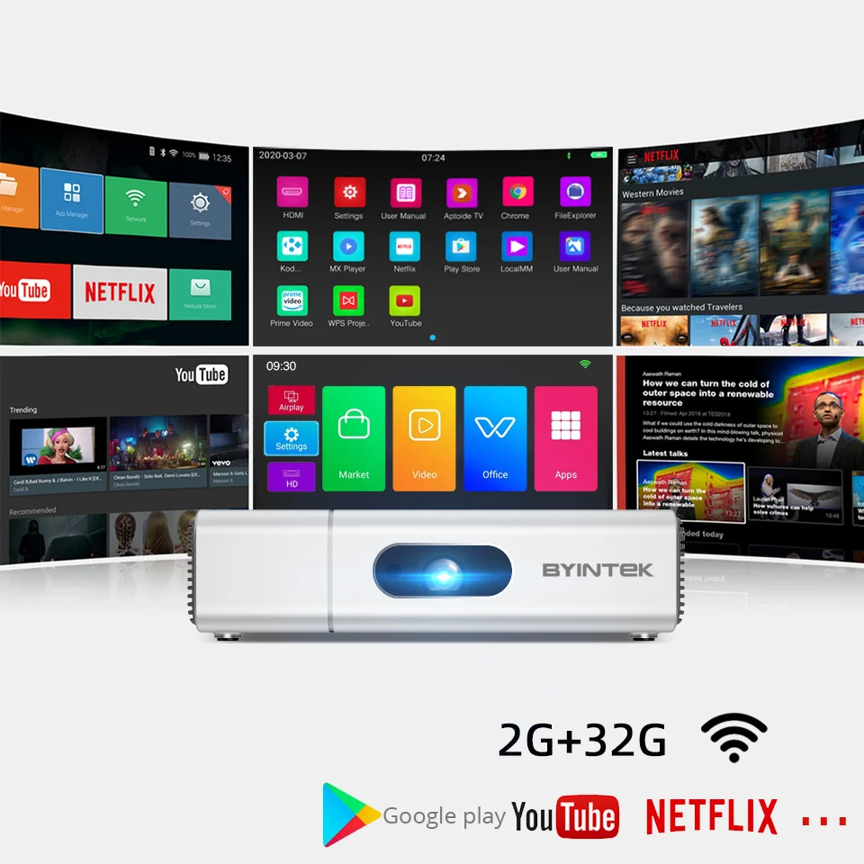 Портативный мини-проектор BYINTEK U50 1920*1080p DLP3D 4K Android Smart Video Full HD светодиодный