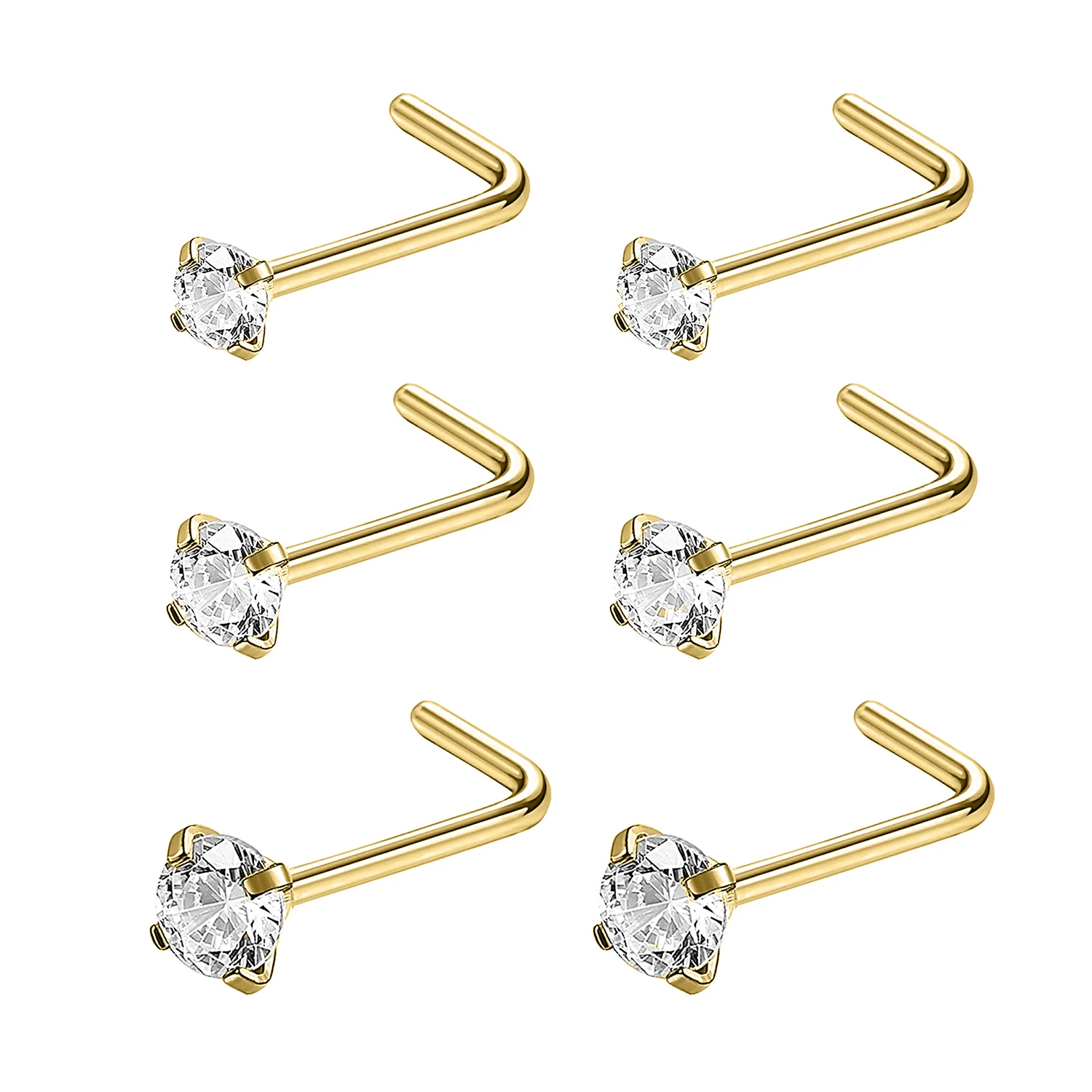 

ZS 6PCS Gold Color Nose Stud Jewewlry Women Nose Piericng Ring Satinless Steel Nostril Piercings 20G Shiny Crystal Septum Studs