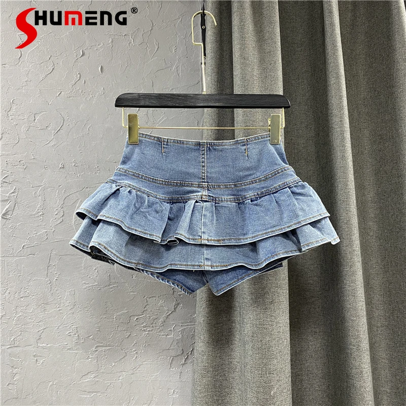 

2021 Spring Summer Korean Style Single-Breasted High Waist Ruffles Cake Mini Skirt New A- Line Bubble Fashion Women Denim Skirt