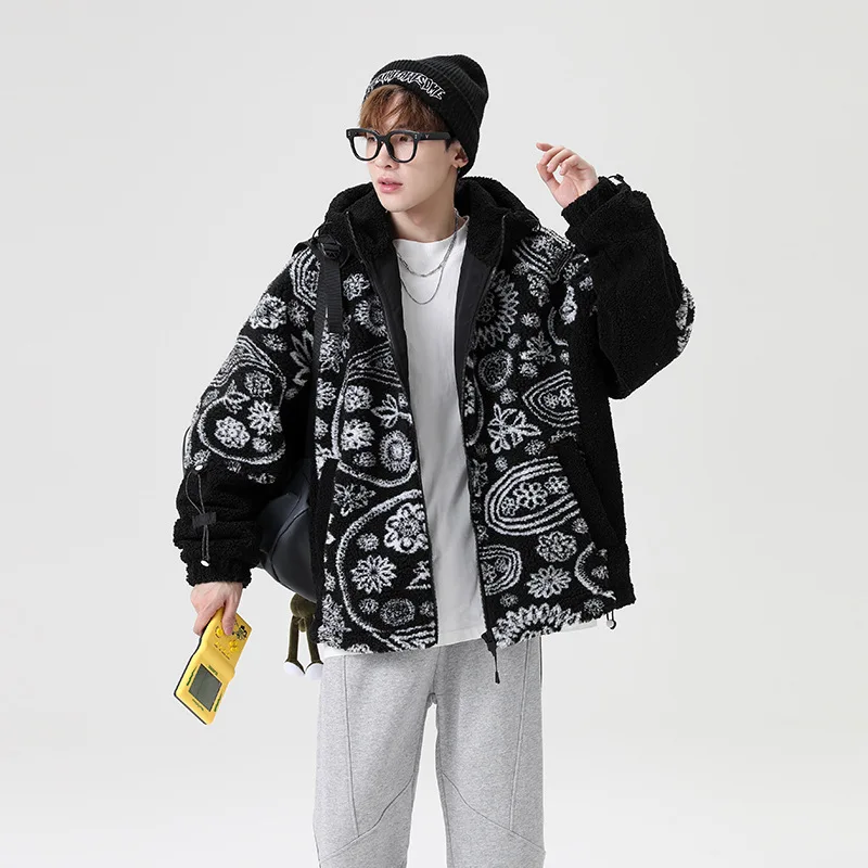 Couple Cashew Flower Imitation Lamb Wool Hooded Jacket 2021 Autumn and Winter Ins Loose Casual Embroidered Decorative Jacket Men