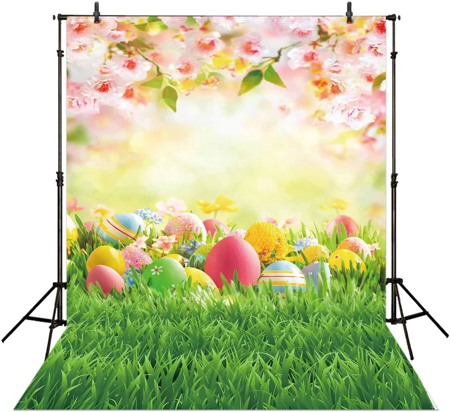 

Spring Happy Easter Photography Backdrop Easter Eggs Green Grass Pink Floral Background Baby Girl Kids Party Decorations