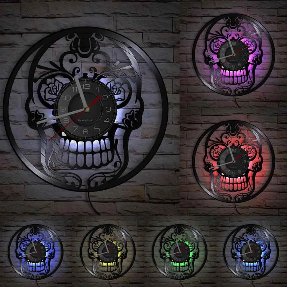 Цветочный череп голова виниловых пластинок круглые Настенные часы мексиканский