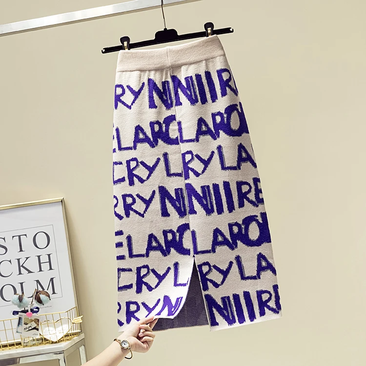 Зимние женские юбки шерстяной вязаный карандаш юбка-миди буквы алфавита сплит