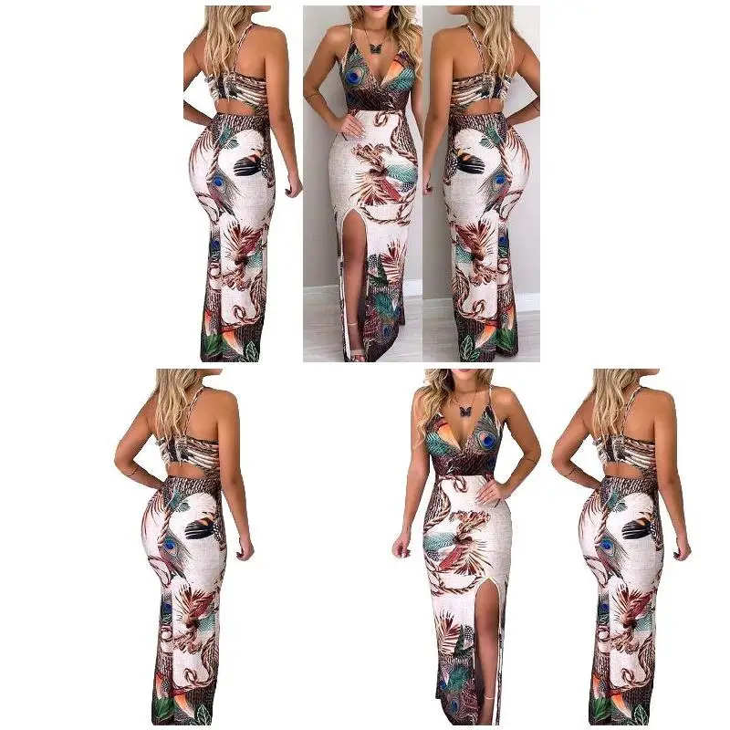 

Women Sleeveless Peacock Feather Print Thigh Slit Maxi Dress for Summer Party TC21