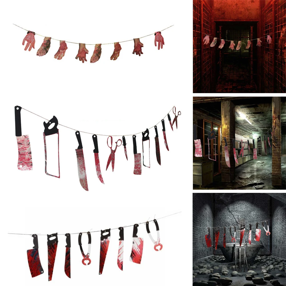 

Страшная кровавая гирлянда со страшным спутанным оружием, режущий баннер для вечерние НКИ на Хэллоуин, висячая гирлянда, украшение для высе...