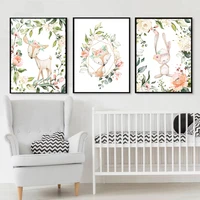 baby rabbit deer fox canvas painting animal print olive branch boho floral poster green kids room fresh nursery wall art picture