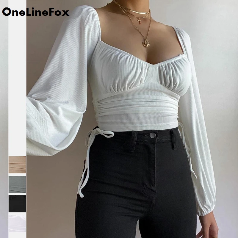

Женская Однотонная рубашка OneLineFox с пышными рукавами, с рюшами, с вырезами и завязкой, Приталенный топ, прерий, шикарная футболка с квадратным вырезом
