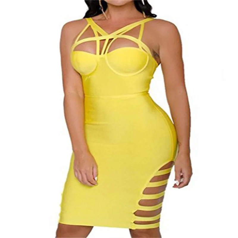 Женское облегающее платье до колен желтое красное с V-образным вырезом для
