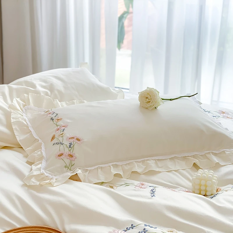 

Luxury White Floral Embroidery 100S Egyptian Cotton Bedding Set Queen King Ruffle Duvet Cover Bed Linen Pillowcases Home Textile