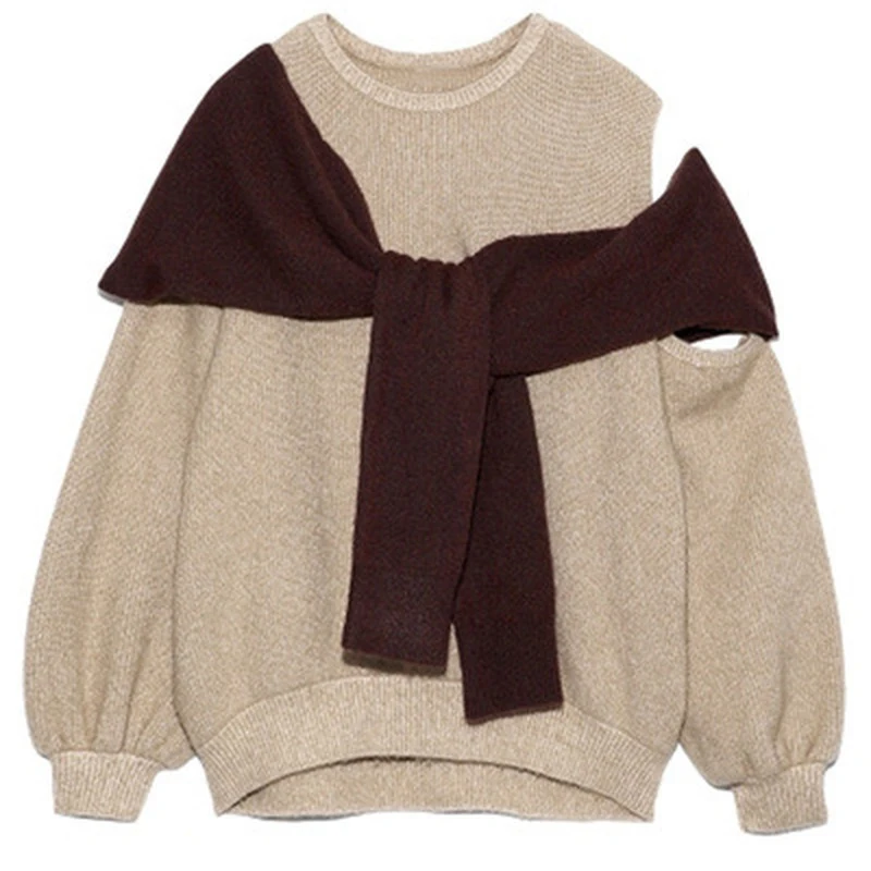 

2021 Japan Style Autumn Fashion Sweet Sweaters Sexy Shoulder Strapless Knitted Tops Puff Sleeve Fake Two Piece Pullover