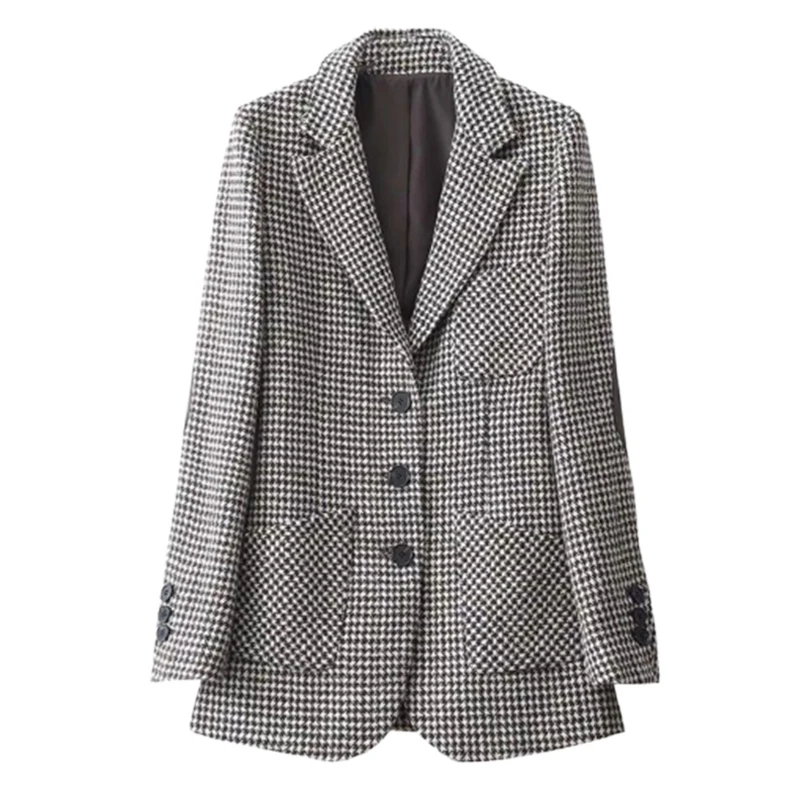

New Plaid tweed Blazer in spring 2021 women's autumn Lapel mid length slim fit office one piece suit