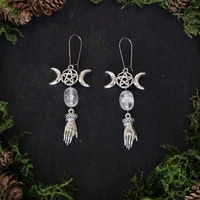 crescent five pointed star hand crystal drop earrings wikan gothic witch jewelry ladies gift