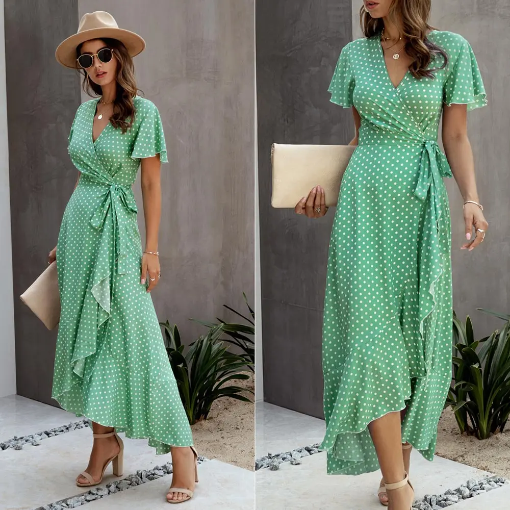 

Summer Dress Women's Dot Sexy V-neck Ruffle Short Sleeve Holiday Beach Sun Dress Women's Lace Up Dress Dress Red Woman Dress