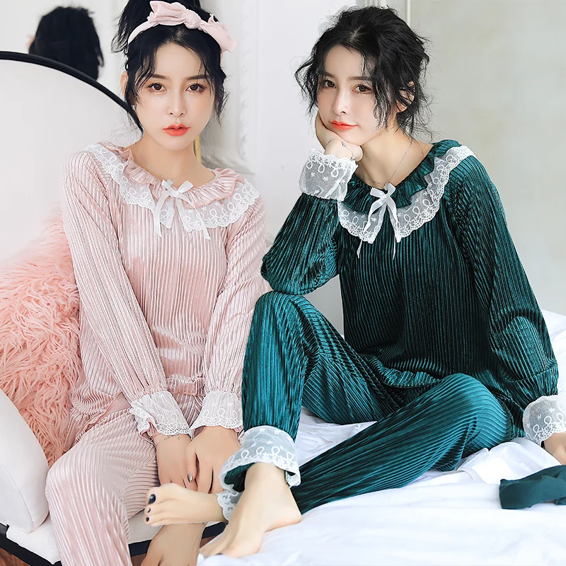 

2021 Autumn Winter Long Sleeve Gold Velvet Pajama Sets for Women Korean Cute Lace Sleepwear Pyjama Homewear Pijama Mujer Clothes