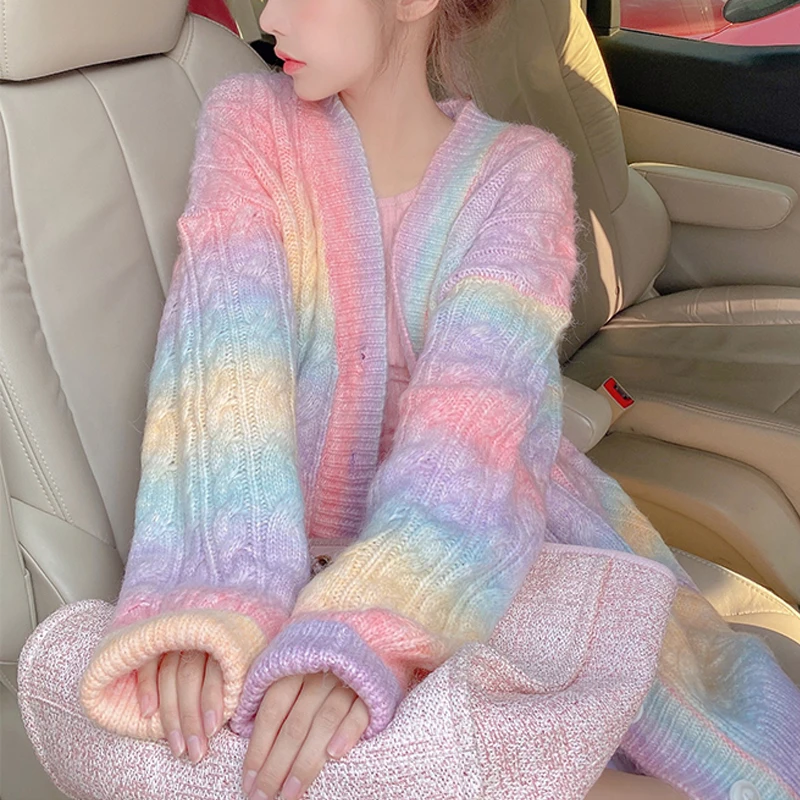 

Cárdigan de punto de arcoíris para mujer, suéter Kawaii, abrigo de botón Coreano larga, otoño e invierno, 2021
