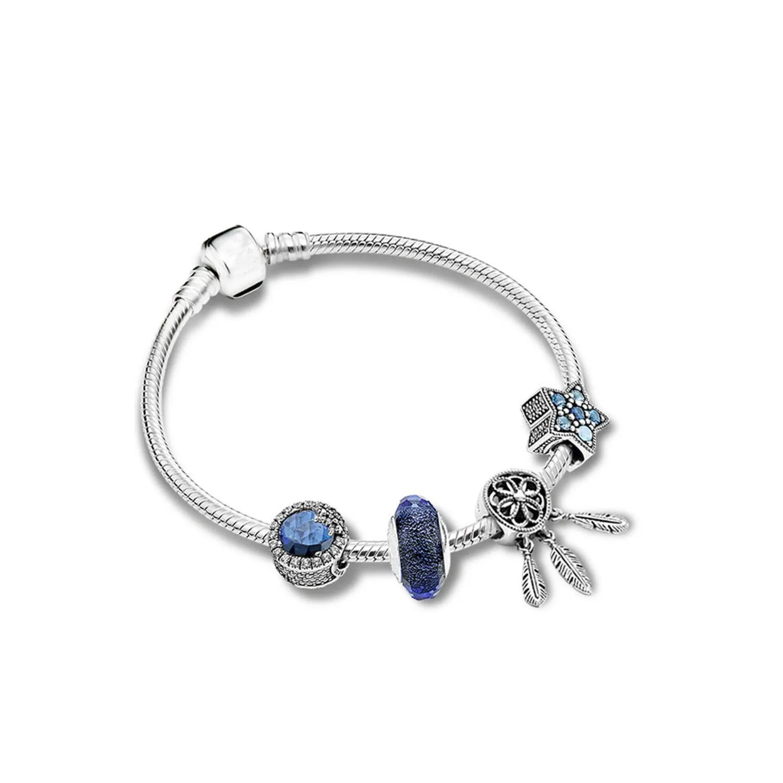 

2020 New 925 Pure Silver Dream Star Dream Catcher Blue Beaded Pan Bracelet For Women Wedding Party Gift Fashion Jewelry