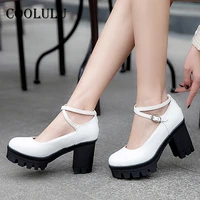 coolulu platform high heels women shoes buckle thick heel dress pumps round toe female footwear 2021 spring beige large size 43