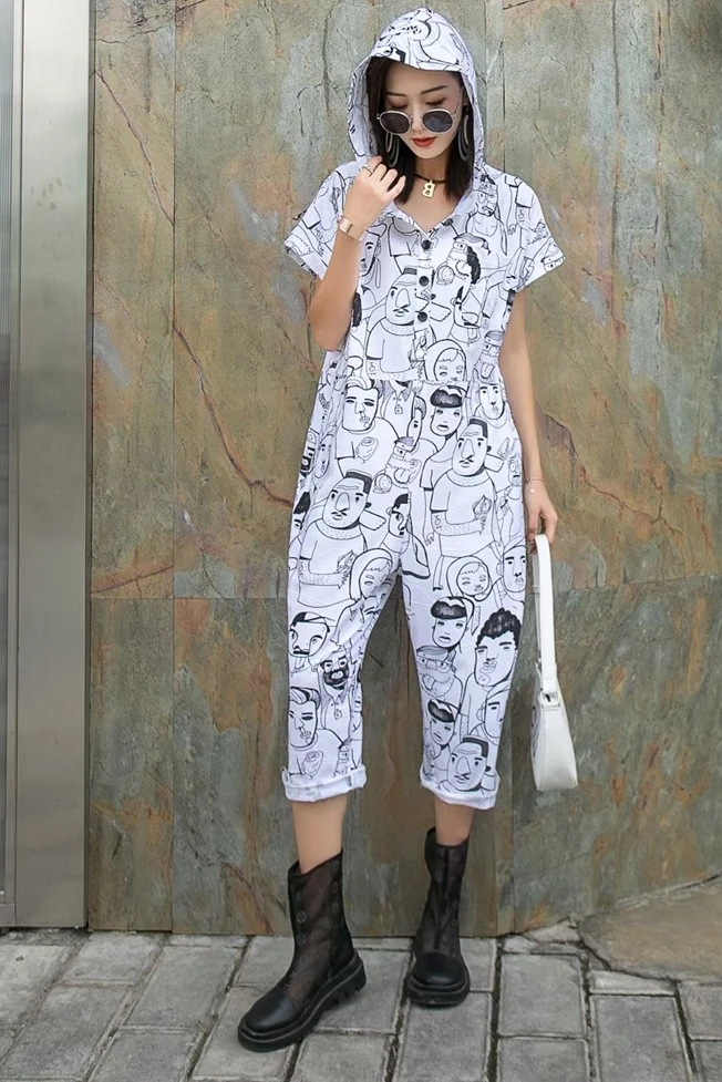 

QING MO White Women Cartoon Jumpsuits 2021 Summer Women Fashionable Jumpsuits Female Hooded Jumpsuits Casual ZQY7335