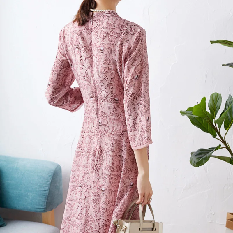 

New silk Chinese improved cheongsam silk print dress A line silk dress mulberry silk