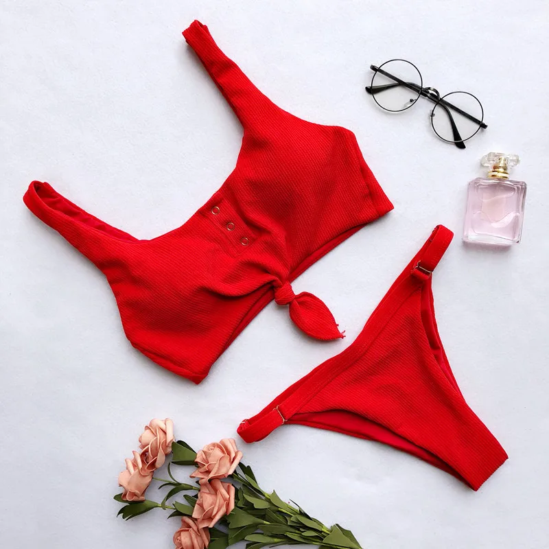 

Solid Low Waist Bikini Set Women 2021 Lace Up Two Pieces Swimwear Female Backless Swimsuit Brazilian Biquini Bathing Suit