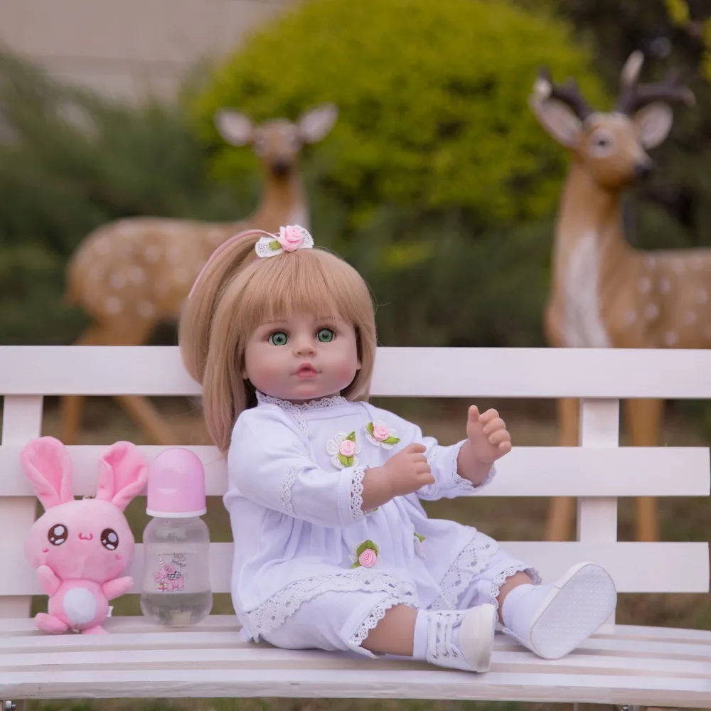 

18 inch very soft Reborn Baby Dolls Fashion blonde wig Doll beautiful Baby in White princess dress Toy For Kids Birthday Gifts