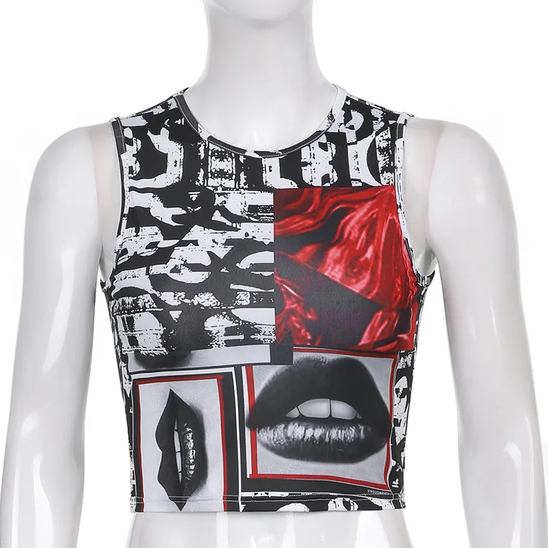 

ALLNeon Pastel Goth Graphic Print Crop Tops E-girl Aesthetics O-neck Sleeveless Black Vests Summer Y2K Baby Tanks Punk Outfits