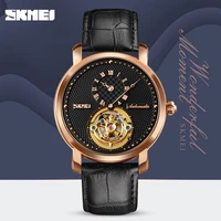 skmei elegant mechanical mens watches leather strap round hollow dial men wrist watch automatic male clock reloj hombre 9240