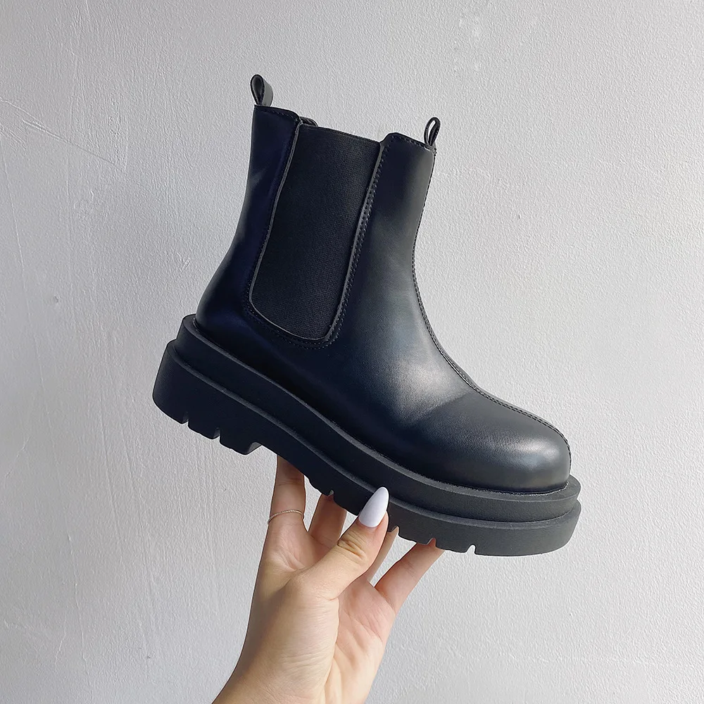 

Женские ботинки на плоской подошве, женская обувь, женские сапоги, сабо на платформе с круглым носком, роскошные дизайнерские низкие черные ...