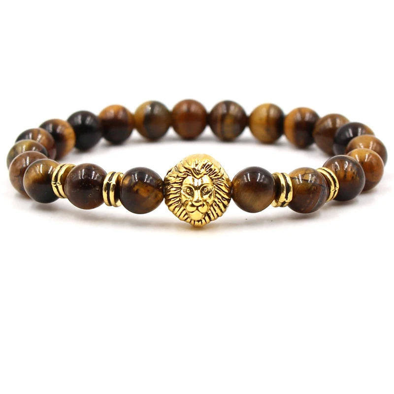 

Лидер продаж, браслет из натурального агата и тигрового глаза, бусины, эластичный браслет с головой леопарда для женщин, модные индивидуаль...