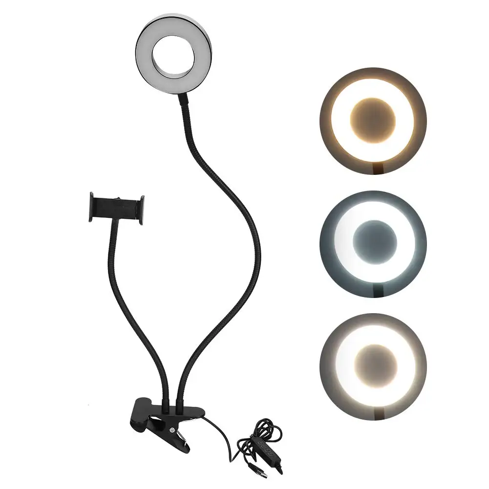 

9cm Selfie Ring Light 3 Colors 10 Gears Brightness Adjustment LED Fill Light with Mobile Phone Holder Black Reading Lights with