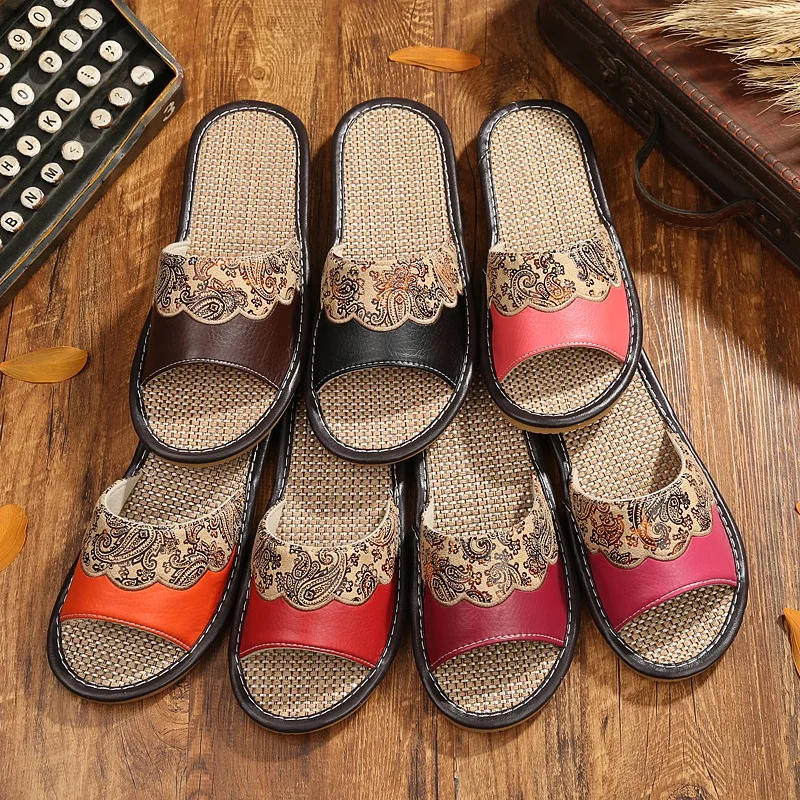 

SANDRA JRR Men Women Linen House Slippers Open Toe Flat Heel Summer Autumn Spring Home Floor Shoes Leather Anti Skid Slides
