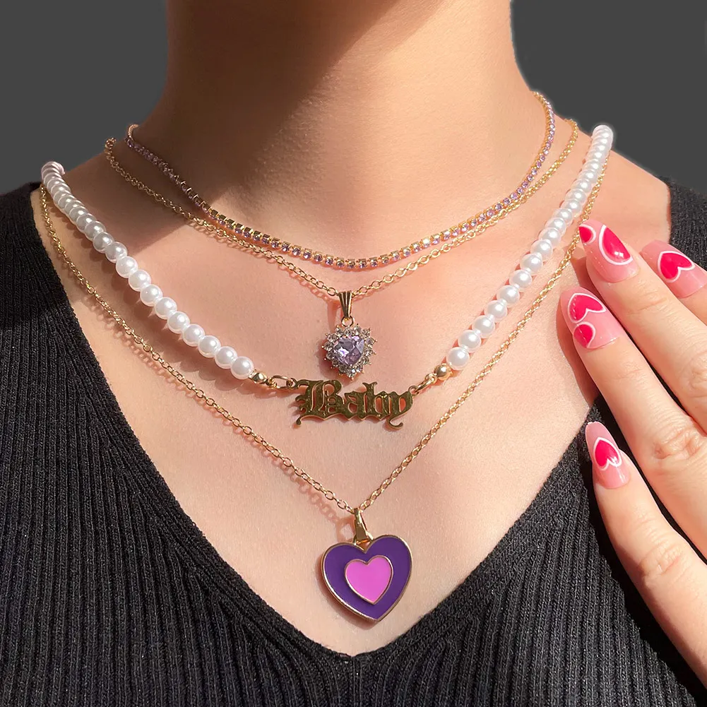 

Trendy Baby Purple Layered Heart Crystal Pendant Pearl Bead Necklace For Women Imitation Pearls Choker Femme Party Jewelry Gift