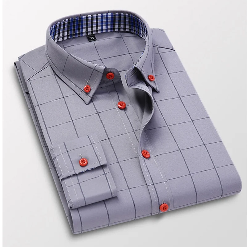 Men's Slim Fit Cotton Business Casual Button Down Shirt Stand Collar Plaid Long Sleeve Work Dress Shirt