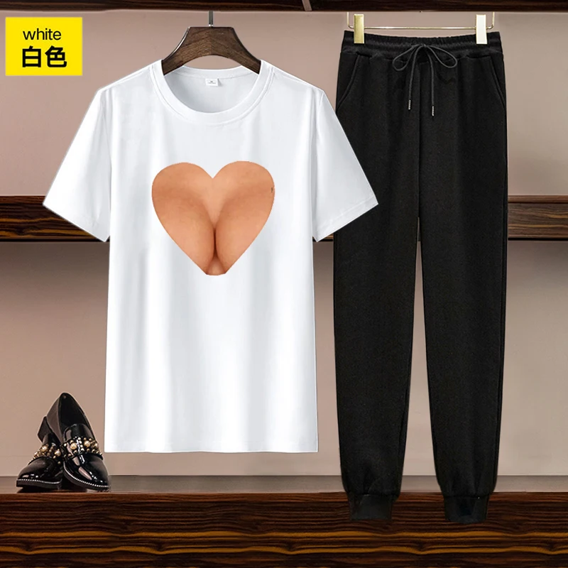

Houthion Women Two Piece Set Print T Shirts and Pants Sets Summer O-neck Loose Suit Short Sleeve T-shirt + Pants Suits