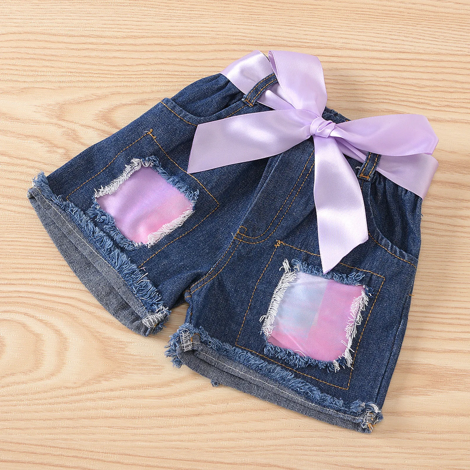 

2021 New Spring/Summer Baby Baby Stylish Sweet Simple Retro Short Sleeve Tie Top Bow Strap Denim Shorts Set