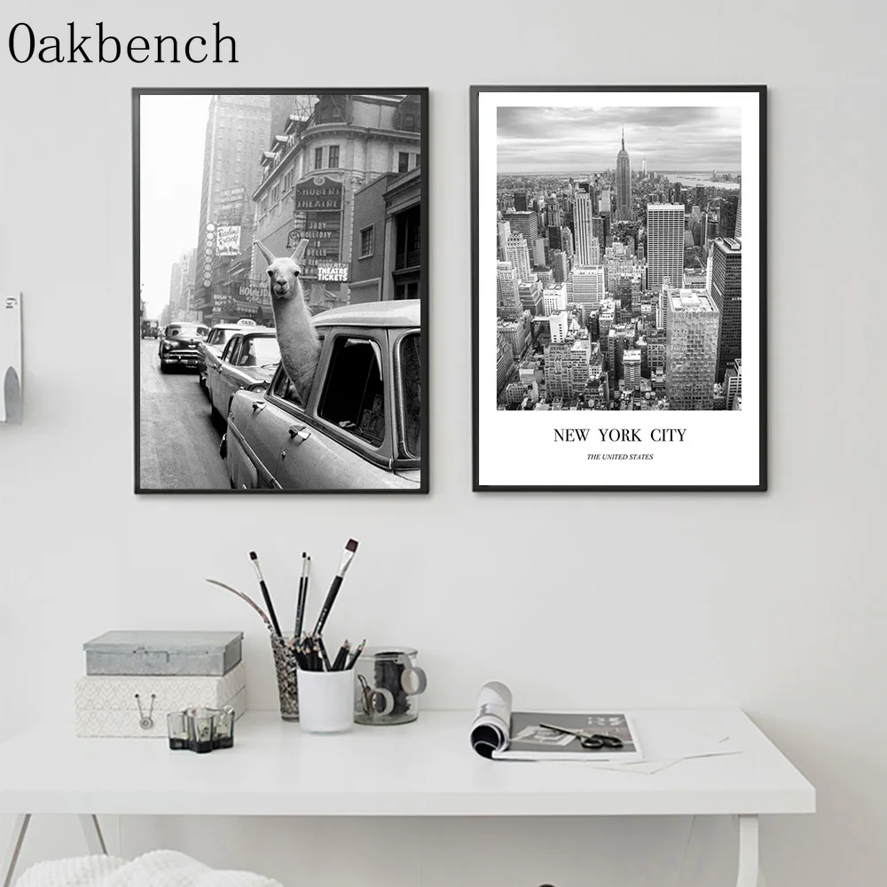 Черно-белая холщовая картина лама в такси Настенная для гостиной животные