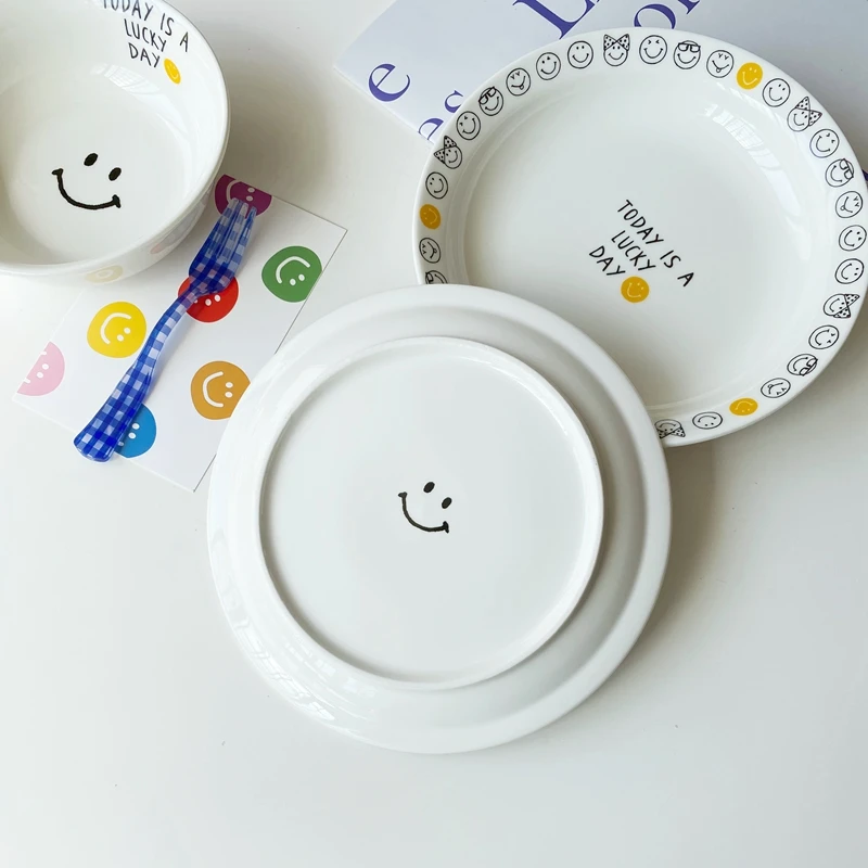 Креативная керамическая тарелка со смайликом для завтрака с английским
