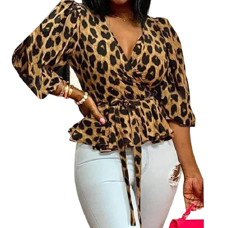 

Women Blouses Elegant Office Tunic Shirt Sexy Deep V-Neck Leopard Print Belted Fashion Tops Ruffles Blusas Femininas