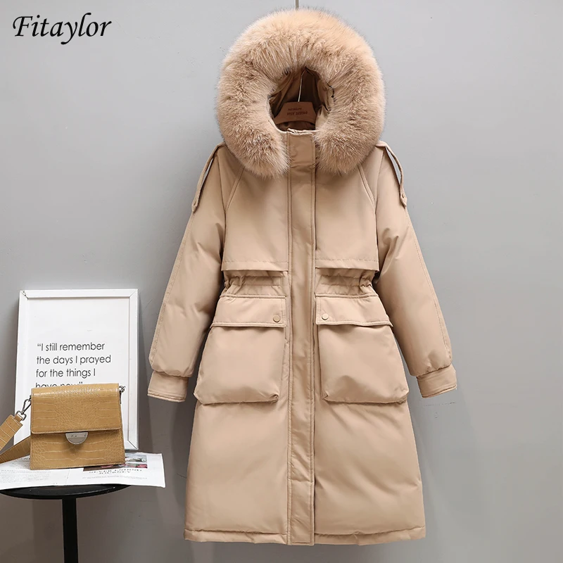 

Fitaylor/зимняя женская длинная куртка с большим натуральным меховым воротником, парки с капюшоном, 90% утиного пуха, теплая верхняя одежда