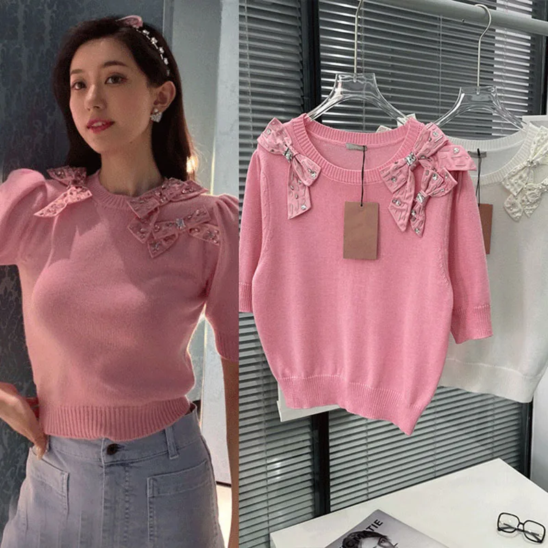 

2021 Early Autumn Women's New Knit Sweater Fashion Rest Round Neck Short-Sleeved Bowknot Decorated Wool Blend Knitted Top Ladies