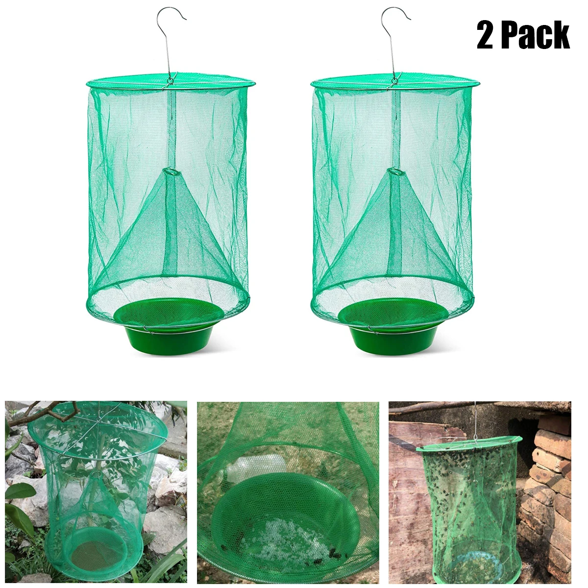 2 Pcs Indoor Outdoor Ranch Green Cage with Pots Family Farms Park Restaurants Effective Bug Fly Trap